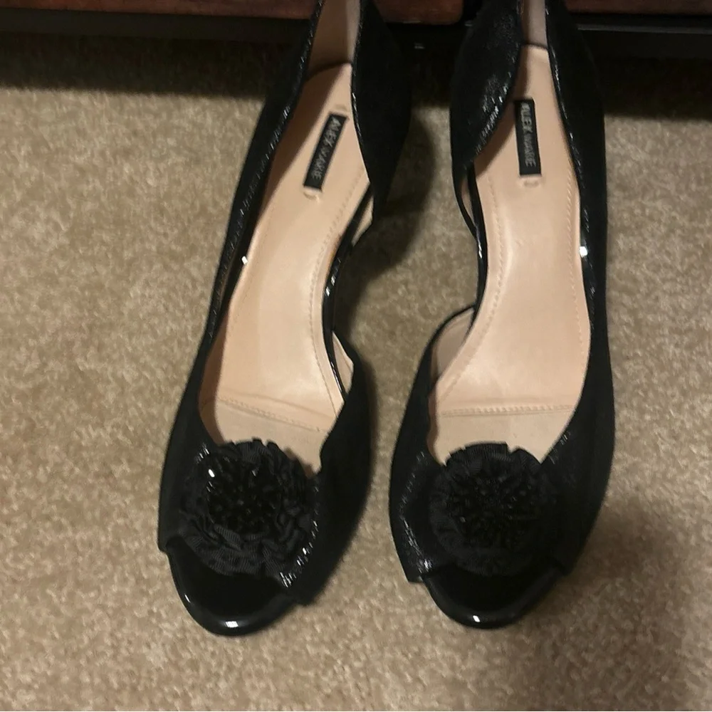 Alex Marie women’s Black Peep-Toe Heels with Floral Accent - Picture 2 of 9